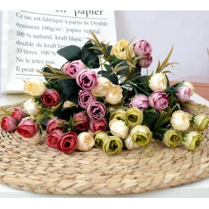 仿真花 家居装饰婚庆婚礼卧室摆放 人造花15头珠光苞玫 玫瑰 茶苞